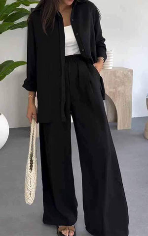 Fashion Solid Color Loose Top Casual Wide Leg Pants Two-piece Set gogodiggity
