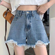 Women's Shorts Loose Thin Summer High Waist Raw Edge A-line Wide Leg Ripped Denim gogodiggity