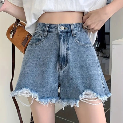 Women's Shorts Loose Thin Summer High Waist Raw Edge A-line Wide Leg Ripped Denim gogodiggity