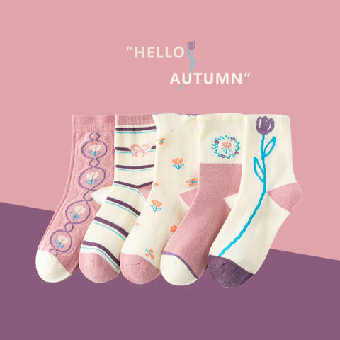 5 Pairs /Lot Autumn Winter New Children's Socks Korean ins Style Purple Flower Kids Socks All-match Casual Boys And Girls Socks gogodiggity