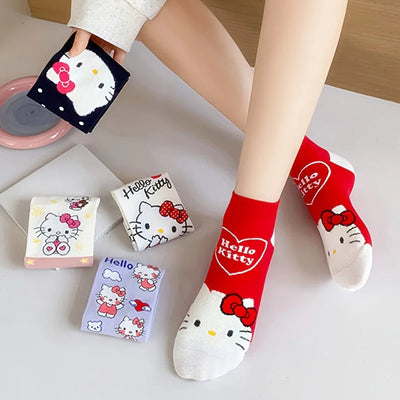 5 Pairs Sanrio Hello Kitty Women Socks  Kawaii New Fall Cartoon Children Mid-calf Socks Combed Cotton Sock for Girls gogodiggity