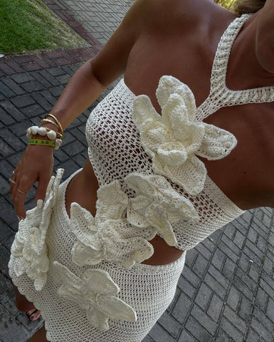 European And American Summer Fashion Halter Flower Cutout Beach Vacation Style Dress gogodiggity