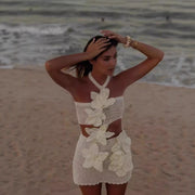 European And American Summer Fashion Halter Flower Cutout Beach Vacation Style Dress gogodiggity