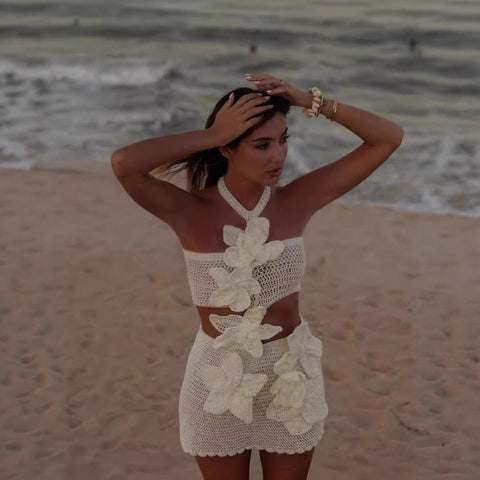 European And American Summer Fashion Halter Flower Cutout Beach Vacation Style Dress gogodiggity