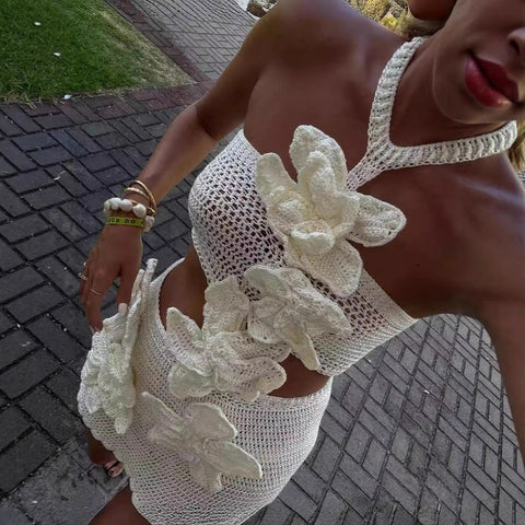 European And American Summer Fashion Halter Flower Cutout Beach Vacation Style Dress gogodiggity