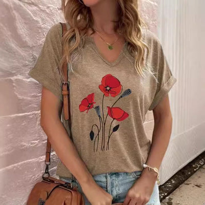 Short Sleeve Plus Size Women's Clothing Printed V-neck Pullover gogodiggity