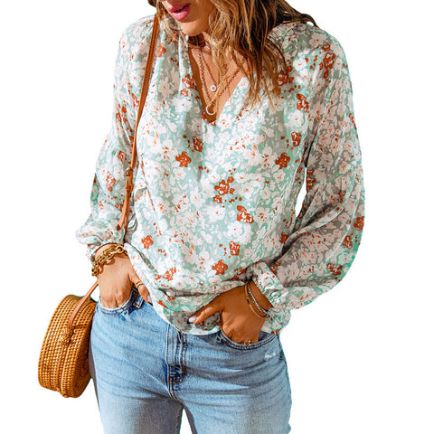 Women's Floral Chiffon Shirt Loose V-neck Casual Top gogodiggity
