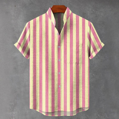 Men's Stand Collar Contrast Color Striped Casual Cool Versatile Short Sleeve gogodiggity