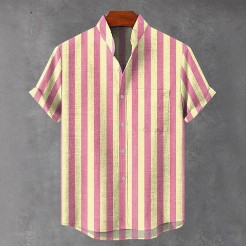 Men's Stand Collar Contrast Color Striped Casual Cool Versatile Short Sleeve gogodiggity