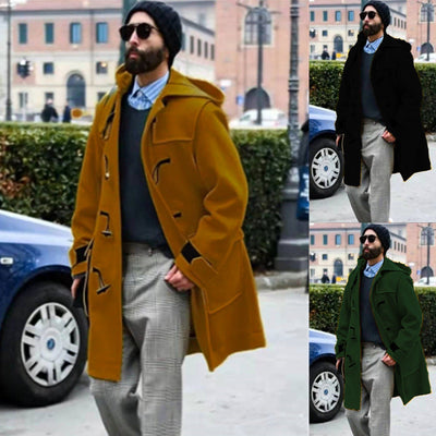 Retro Horn Button Hooded Woolen Trench Coat Men gogodiggity
