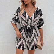 Women's Printed V-neck One-piece Sleeve Loose Jumpsuit gogodiggity
