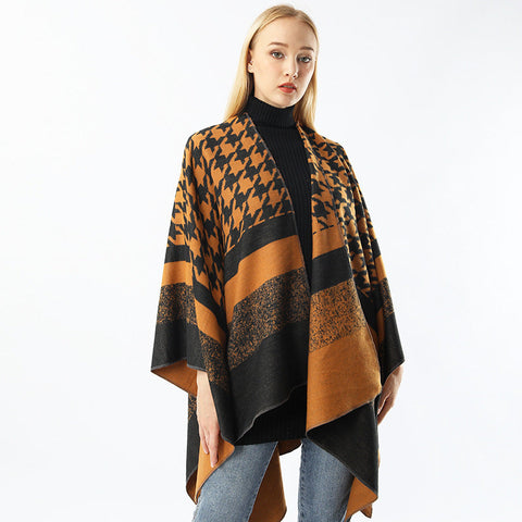 Women's Split Houndstooth Cape And Shawl Fashionable Simple Retro Cloak All-matching gogodiggity