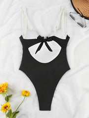 Elegant Black & White Color-Block One-Piece Swimsuit for Women - Slimming, High-Stretch Nylon/Spandex Fabric, Machine Washable gogodiggity
