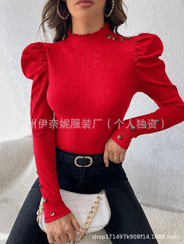 Bubble Sleeve Slim Leopard Buckle Personality Ruffled Top gogodiggity