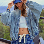 Washed Loose Round Neck Zipper Light Blue European And American Denim Jacket gogodiggity