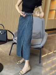 Women's Waist Slit Blue Denim Skirt gogodiggity