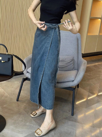 Women's Waist Slit Blue Denim Skirt gogodiggity