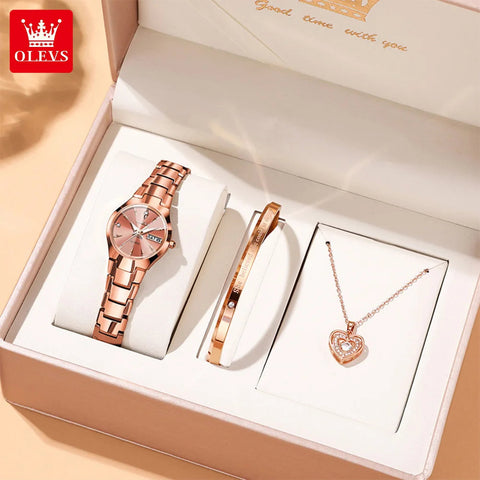 OLEVS Ladies Watch 8697 Luxury Elegant Quartz Watches Waterproof Tungsten Steel Day Date Watches For Woman Watch Bracelet Set gogodiggity