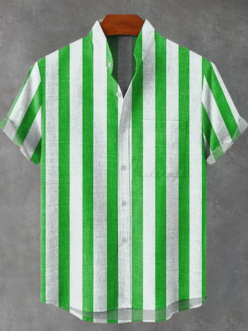 Men's Stand Collar Contrast Color Striped Casual Cool Versatile Short Sleeve gogodiggity