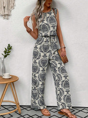 Printed Waist Cinching Casual Straight Leg Pants Set gogodiggity