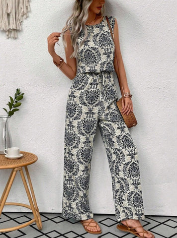 Printed Waist Cinching Casual Straight Leg Pants Set gogodiggity
