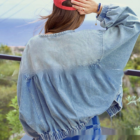 Washed Loose Round Neck Zipper Light Blue European And American Denim Jacket gogodiggity