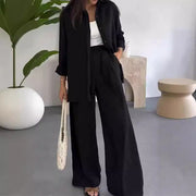Fashion Solid Color Loose Top Casual Wide Leg Pants Two-piece Set gogodiggity
