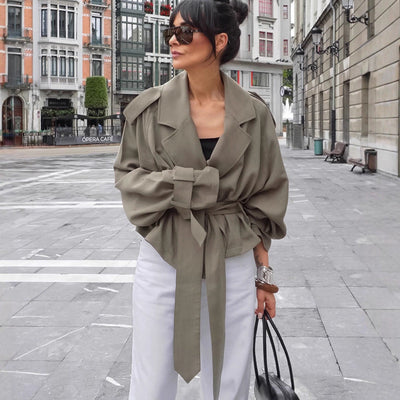 Women's Large Lapel Lace-up Trench Coat Fashionable Jacket gogodiggity