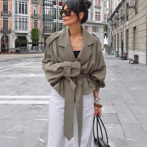 Women's Large Lapel Lace-up Trench Coat Fashionable Jacket gogodiggity