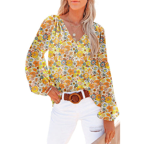 Women's Floral Chiffon Shirt Loose V-neck Casual Top gogodiggity