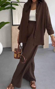 Fashion Solid Color Loose Top Casual Wide Leg Pants Two-piece Set gogodiggity