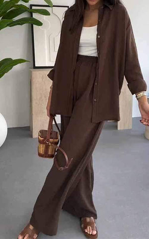 Fashion Solid Color Loose Top Casual Wide Leg Pants Two-piece Set gogodiggity