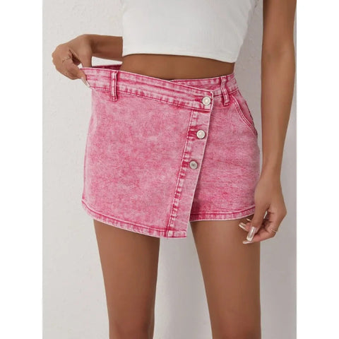 Women's Denim Shorts Casual Fashion Style High Waisted Pants with Asymmetrical Buttons 2025 New Pink Jeans gogodiggity