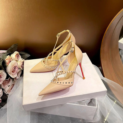 Retro Woman Shoes Sandals Stiletto Heels Suit Female Beige Original Gladiator Fashion Sexy Studded Leather High Girls Black Comf gogodiggity