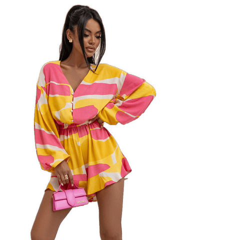 Printed V-neck Long Sleeve Jumpsuit gogodiggity