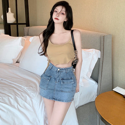 Retro Style Hot Girl Sheath Denim Skirt High Waist Elastic Slim Fit gogodiggity
