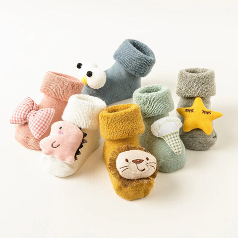 Adorable Animal Print Baby Socks Non Slip Warm Winter Footies Soft Cotton Infant Toddler Cozy Crew Socks gogodiggity