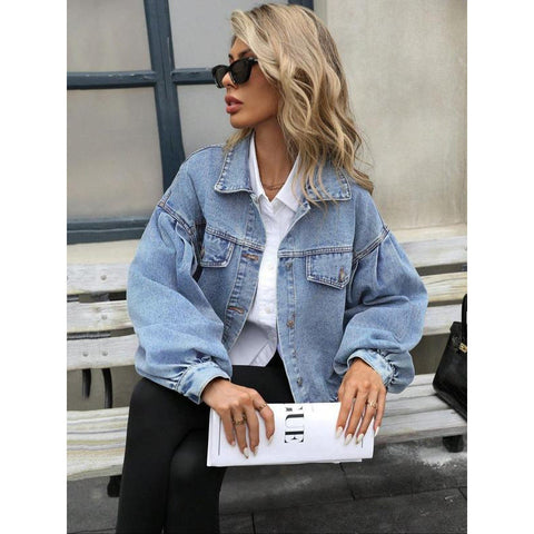 Women's Embossed Denim Jacket Fashion Casual Long Sleeve gogodiggity