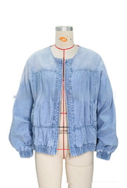 Washed Loose Round Neck Zipper Light Blue European And American Denim Jacket gogodiggity