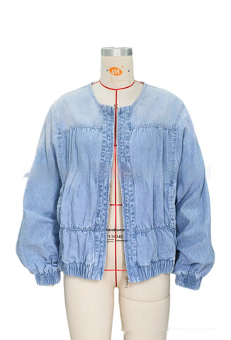 Washed Loose Round Neck Zipper Light Blue European And American Denim Jacket gogodiggity