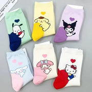 6 Pairs Sanrio Hello Kitty Kids Socks Kuromi Melody Kawaii Winter Cartoon Women Mid-calf Socks Cotton Warm Stockings for Girls gogodiggity