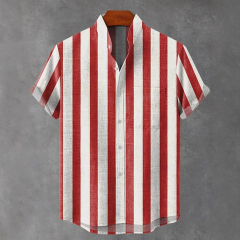 Men's Stand Collar Contrast Color Striped Casual Cool Versatile Short Sleeve gogodiggity