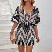 Women's Printed V-neck One-piece Sleeve Loose Jumpsuit gogodiggity
