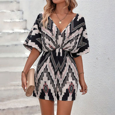 Women's Printed V-neck One-piece Sleeve Loose Jumpsuit gogodiggity
