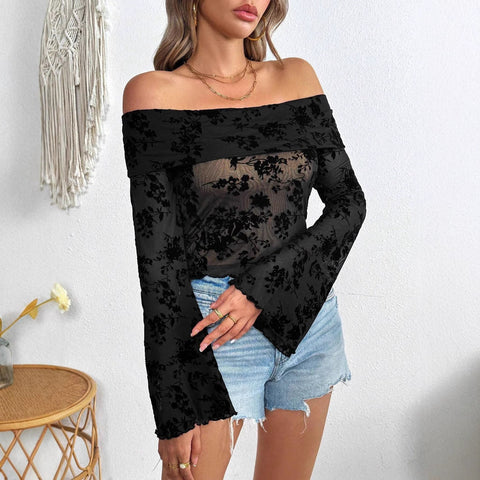 European And American Mesh Flocking Floral Print Off-the-shoulder Flared Sleeves Slim T-shirt gogodiggity