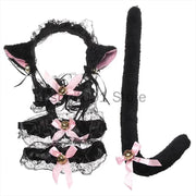 Womens Halloween Maid Lace Cat Ear Headband Hair Accessories Cat Ear Headband Long Tassel Japanese Animation Cosplay Accessories gogodiggity
