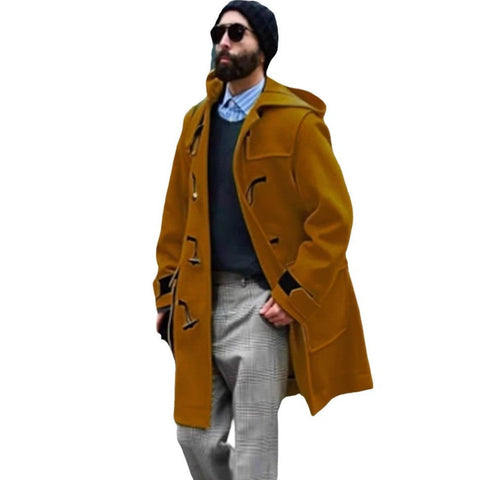 Retro Horn Button Hooded Woolen Trench Coat Men gogodiggity