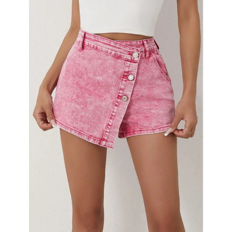 Women's Denim Shorts Casual Fashion Style High Waisted Pants with Asymmetrical Buttons 2025 New Pink Jeans gogodiggity