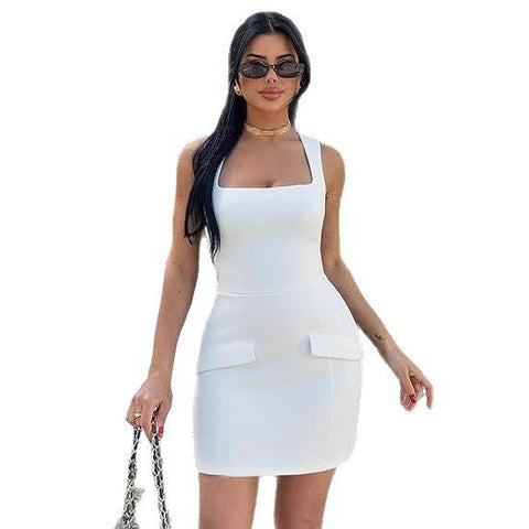 Women's Sexy Skinny Sleeveless Square Collar Mini Dress gogodiggity
