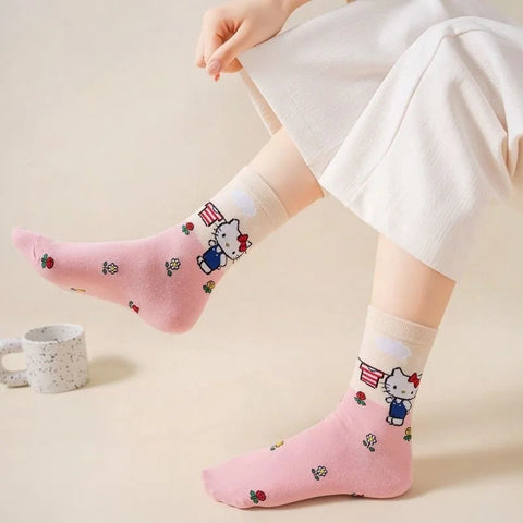 Cartoon Sanrio Hello Kitty Women's Socks My Melody Cute Girl Mid-tube Cotton Socks Kawaii Student Sock Girl Kids Christmas Gift gogodiggity